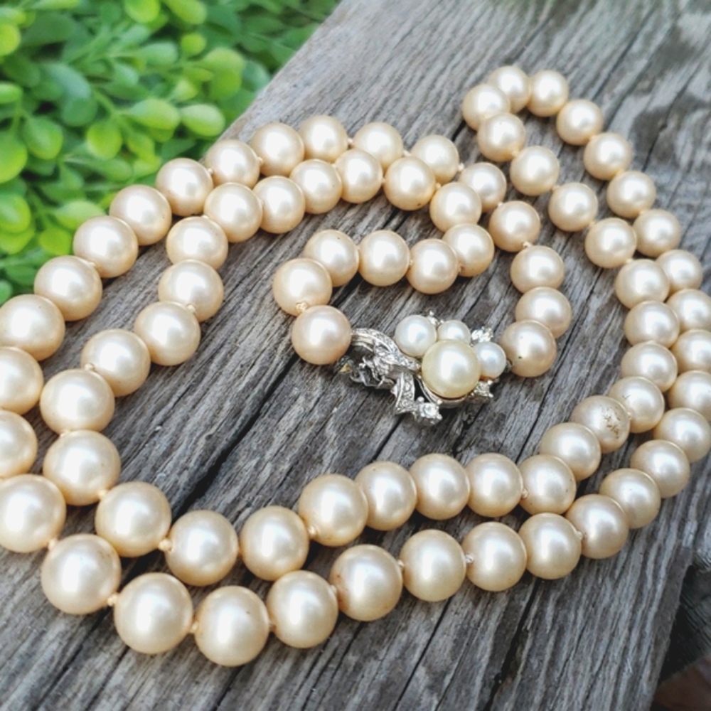 Gorgeous Vintage Marvella Pave Set Rhinestone Cream Pearl Long Sautoir Necklace - Picture 3 of 11